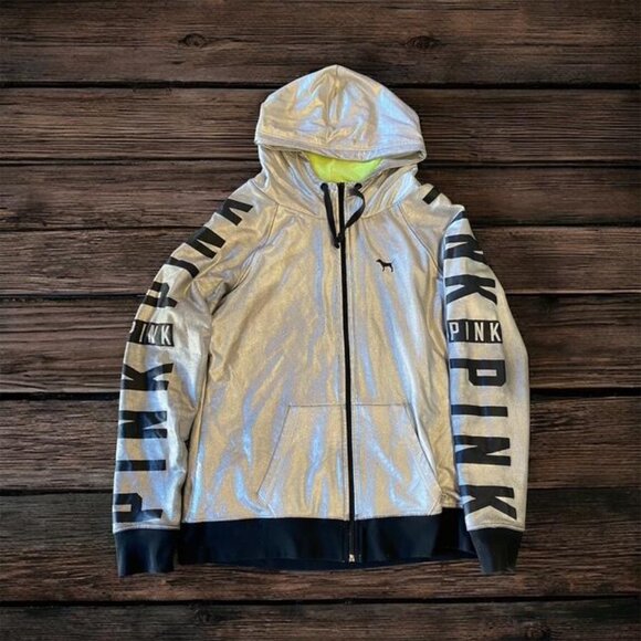 Victoria's Secret Pink Fashion Show Silver Metallic Hoodie Jacket Size Medium - Picture 1 of 5